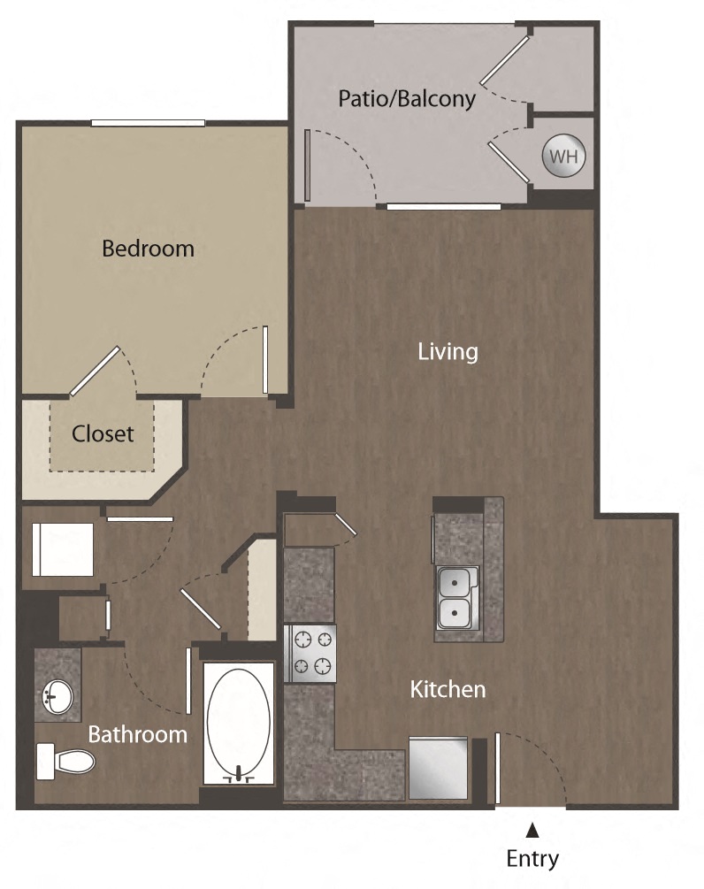 Floor plan for 1 bed, 1 bath, 734 sqft